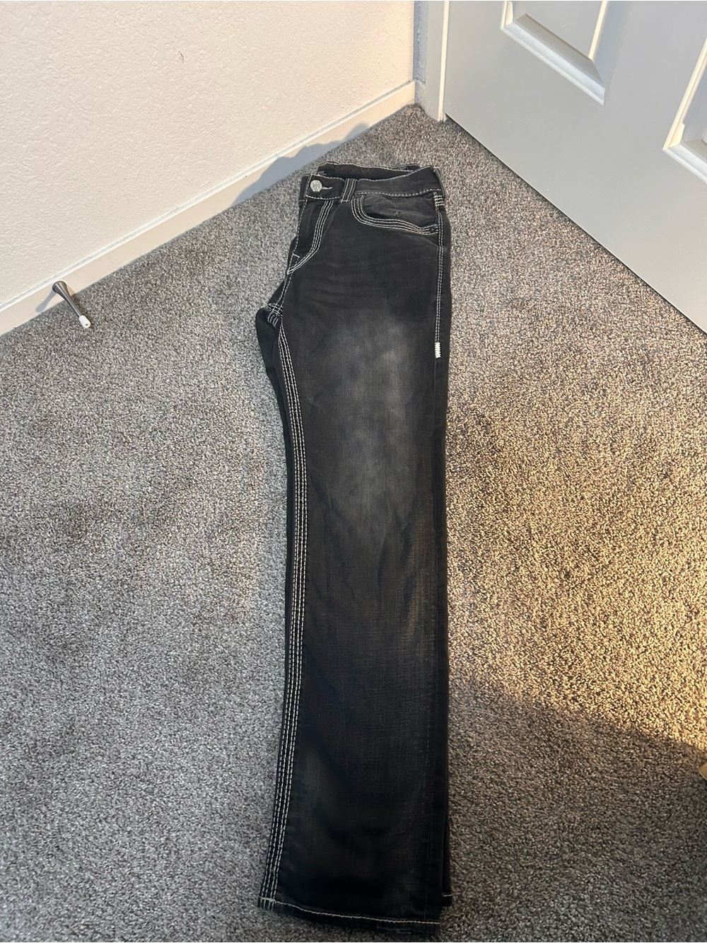 Mens Black Straight-Leg Jeans with Contrast Stitching